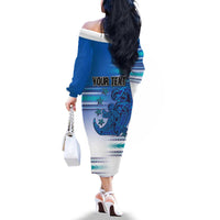 Personalised Cook Islands Va'a Race Family Matching Off The Shoulder Long Sleeve Dress and Hawaiian Shirt Te Tatau Tattoos Sporty Style Light Blue Color - Polynesian Pride