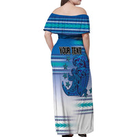 Personalised Cook Islands Va'a Race Family Matching Off Shoulder Maxi Dress and Hawaiian Shirt Te Tatau Tattoos Sporty Style Light Blue Color - Polynesian Pride