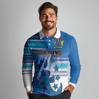 Personalised Cook Islands Va'a Race Long Sleeve Polo Shirt Te Tatau Tattoos Sporty Style Light Blue Color - Polynesian Pride