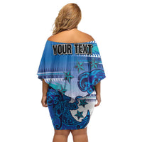 Personalised Cook Islands Va'a Race Off Shoulder Short Dress Te Tatau Tattoos Sporty Style Light Blue Color - Polynesian Pride