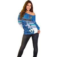 Personalised Cook Islands Va'a Race Off Shoulder Sweater Te Tatau Tattoos Sporty Style Light Blue Color - Polynesian Pride