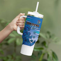 Personalised Cook Islands Va'a Race Tumbler With Handle Te Tatau Tattoos Sporty Style Light Blue Color - Polynesian Pride