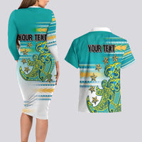 Personalised Cook Islands Va'a Race Couples Matching Long Sleeve Bodycon Dress and Hawaiian Shirt Te Tatau Tattoos Sporty Style Turquoise Color - Polynesian Pride