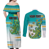 Personalised Cook Islands Va'a Race Couples Matching Off Shoulder Maxi Dress and Long Sleeve Button Shirt Te Tatau Tattoos Sporty Style Turquoise Color - Polynesian Pride