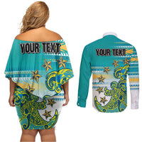 Personalised Cook Islands Va'a Race Couples Matching Off Shoulder Short Dress and Long Sleeve Button Shirt Te Tatau Tattoos Sporty Style Turquoise Color - Polynesian Pride
