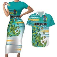 Personalised Cook Islands Va'a Race Couples Matching Short Sleeve Bodycon Dress and Hawaiian Shirt Te Tatau Tattoos Sporty Style Turquoise Color - Polynesian Pride