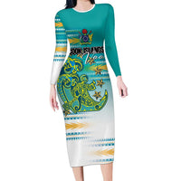 Personalised Cook Islands Va'a Race Family Matching Long Sleeve Bodycon Dress and Hawaiian Shirt Te Tatau Tattoos Sporty Style Turquoise Color - Polynesian Pride