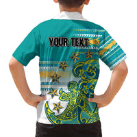 Personalised Cook Islands Va'a Race Family Matching Off The Shoulder Long Sleeve Dress and Hawaiian Shirt Te Tatau Tattoos Sporty Style Turquoise Color - Polynesian Pride