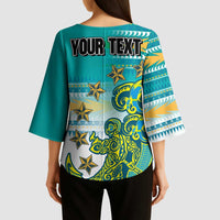 Personalised Cook Islands Va'a Race Kimono Sleeve Blouse Te Tatau Tattoos Sporty Style Turquoise Color - Polynesian Pride
