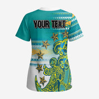 Personalised Cook Islands Va'a Race Scrub Top Te Tatau Tattoos Sporty Style Turquoise Color - Polynesian Pride