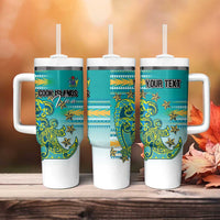 Personalised Cook Islands Va'a Race Tumbler With Handle Te Tatau Tattoos Sporty Style Turquoise Color - Polynesian Pride