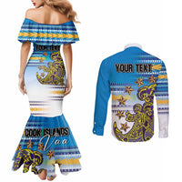 Personalised Cook Islands Va'a Race Couples Matching Mermaid Dress and Long Sleeve Button Shirt Te Tatau Tattoos Sporty Style Glory Blue Color - Polynesian Pride