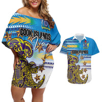Personalised Cook Islands Va'a Race Couples Matching Off Shoulder Short Dress and Hawaiian Shirt Te Tatau Tattoos Sporty Style Glory Blue Color - Polynesian Pride