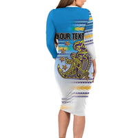 Personalised Cook Islands Va'a Race Family Matching Long Sleeve Bodycon Dress and Hawaiian Shirt Te Tatau Tattoos Sporty Style Glory Blue Color - Polynesian Pride