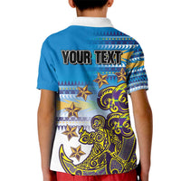Personalised Cook Islands Va'a Race Kid Polo Shirt Te Tatau Tattoos Sporty Style Glory Blue Color - Polynesian Pride