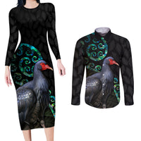 Custom Pukeko New Zealand Couples Matching Long Sleeve Bodycon Dress and Long Sleeve Button Shirt Koru Papua Shell with Silver Fern Pattern LT03 Black - Polynesian Pride