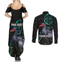 Custom Pukeko New Zealand Couples Matching Summer Maxi Dress and Long Sleeve Button Shirt Koru Papua Shell with Silver Fern Pattern LT03 - Polynesian Pride
