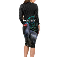 Custom Pukeko New Zealand Long Sleeve Bodycon Dress Koru Papua Shell with Silver Fern Pattern LT03 - Polynesian Pride