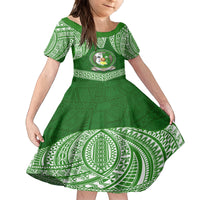Tonga Liahona High School Family Matching Off Shoulder Maxi Dress and Hawaiian Shirt Traditional Ngatu and Polynesian Pattern LT03 Daughter's Dress Green - Polynesian Pride