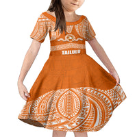 Tonga Tailulu College Family Matching Off Shoulder Short Dress and Hawaiian Shirt Traditional Ngatu and Polynesian Pattern LT03 Daughter's Dress Orange - Polynesian Pride