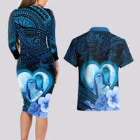 Dolphin Couple Love Story Valentine Day Couples Matching Long Sleeve Bodycon Dress and Hawaiian Shirt With Polynesian Tribal Tattoo Blue Style LT03 - Polynesian Pride