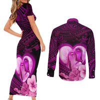 Dolphin Couple Love Story Valentine Day Couples Matching Short Sleeve Bodycon Dress and Long Sleeve Button Shirt With Polynesian Tribal Tattoo Pink Style LT03 - Polynesian Pride
