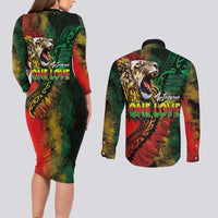 Aotearoa One Love Couples Matching Long Sleeve Bodycon Dress and Long Sleeve Button Shirt Reggae Lion with Kakahu Huruhuru LT03 - Polynesian Pride