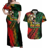 Aotearoa One Love Couples Matching Off Shoulder Maxi Dress and Hawaiian Shirt Reggae Lion with Kakahu Huruhuru LT03 Black - Polynesian Pride