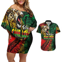 Aotearoa One Love Couples Matching Off Shoulder Short Dress and Hawaiian Shirt Reggae Lion with Kakahu Huruhuru LT03 Black - Polynesian Pride