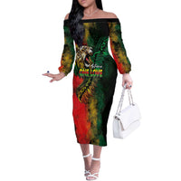 Aotearoa One Love Off The Shoulder Long Sleeve Dress Reggae Lion with Kakahu Huruhuru LT03 Women Black - Polynesian Pride