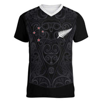 Custom Aotearoa Rugby Women V-Neck T-Shirt Fern Blacks-Traditional Maori Motifs Design LT03 Female Black - Polynesian Pride