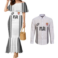 Fiji Rugby Warriors Couples Matching Mermaid Dress and Long Sleeve Button Shirt Masi Tribal Pattern Go Champion 2024 LT03 White - Polynesian Pride