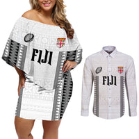 Fiji Rugby Warriors Couples Matching Off Shoulder Short Dress and Long Sleeve Button Shirt Masi Tribal Pattern Go Champion 2024 LT03 White - Polynesian Pride