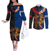 Hawaii and Samoa Together Couples Matching Off The Shoulder Long Sleeve Dress and Long Sleeve Button Shirt Samoan Warrior and Beauty Hula Girl