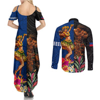 Hawaii and Samoa Together Couples Matching Summer Maxi Dress and Long Sleeve Button Shirt Samoan Warrior and Beauty Hula Girl LT03 - Polynesian Pride