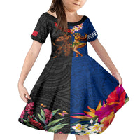 Hawaii and Samoa Together Kid Short Sleeve Dress Samoan Warrior and Beauty Hula Girl LT03 KID Black - Polynesian Pride
