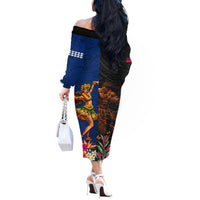 Hawaii and Samoa Together Off The Shoulder Long Sleeve Dress Samoan Warrior and Beauty Hula Girl LT03 - Polynesian Pride