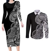 Samoan DNA Art Tattoo Couples Matching Long Sleeve Bodycon Dress and Long Sleeve Button Shirt Polynesian Pattern Black Color LT03 Black - Polynesian Pride