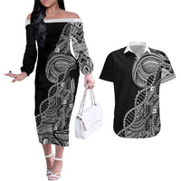 Samoan DNA Art Tattoo Couples Matching Off The Shoulder Long Sleeve Dress and Hawaiian Shirt Polynesian Pattern Black Color LT03 Black - Polynesian Pride