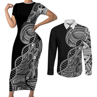 Samoan DNA Art Tattoo Couples Matching Short Sleeve Bodycon Dress and Long Sleeve Button Shirt Polynesian Pattern Black Color LT03 Black - Polynesian Pride