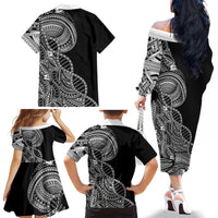 Samoan DNA Art Tattoo Family Matching Off The Shoulder Long Sleeve Dress and Hawaiian Shirt Polynesian Pattern Black Color