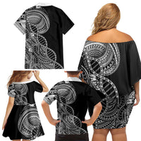 Samoan DNA Art Tattoo Family Matching Off Shoulder Short Dress and Hawaiian Shirt Polynesian Pattern Black Color LT03 - Polynesian Pride