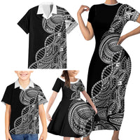 Samoan DNA Art Tattoo Family Matching Short Sleeve Bodycon Dress and Hawaiian Shirt Polynesian Pattern Black Color