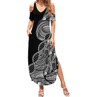 Samoan DNA Art Tattoo Family Matching Summer Maxi Dress and Hawaiian Shirt Polynesian Pattern Black Color LT03 Mom's Dress Black - Polynesian Pride