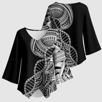Samoan DNA Art Tattoo Kimono Sleeve Blouse Polynesian Pattern Black Color