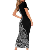 Samoan DNA Art Tattoo Short Sleeve Bodycon Dress Polynesian Pattern Black Color