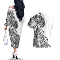 Samoan DNA Art Tattoo Couples Matching Off The Shoulder Long Sleeve Dress and Hawaiian Shirt Polynesian Pattern White Color