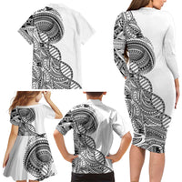 Samoan DNA Art Tattoo Family Matching Long Sleeve Bodycon Dress and Hawaiian Shirt Polynesian Pattern White Color