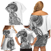 Samoan DNA Art Tattoo Family Matching Off Shoulder Short Dress and Hawaiian Shirt Polynesian Pattern White Color LT03 - Polynesian Pride