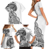 Samoan DNA Art Tattoo Family Matching Short Sleeve Bodycon Dress and Hawaiian Shirt Polynesian Pattern White Color